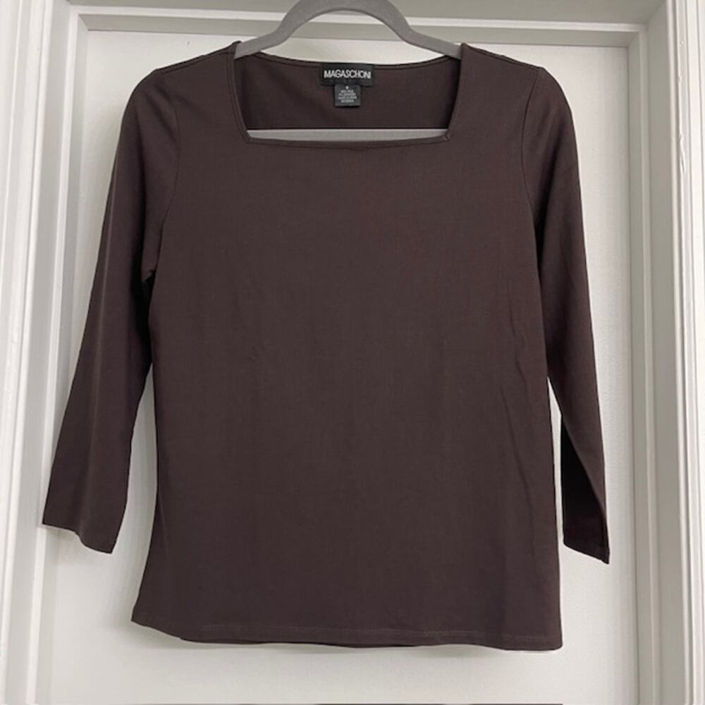 Magaschoni Square Neck Silk 3/4 Sleeve Blouse Brown Casual Minimalist Basic Sz S